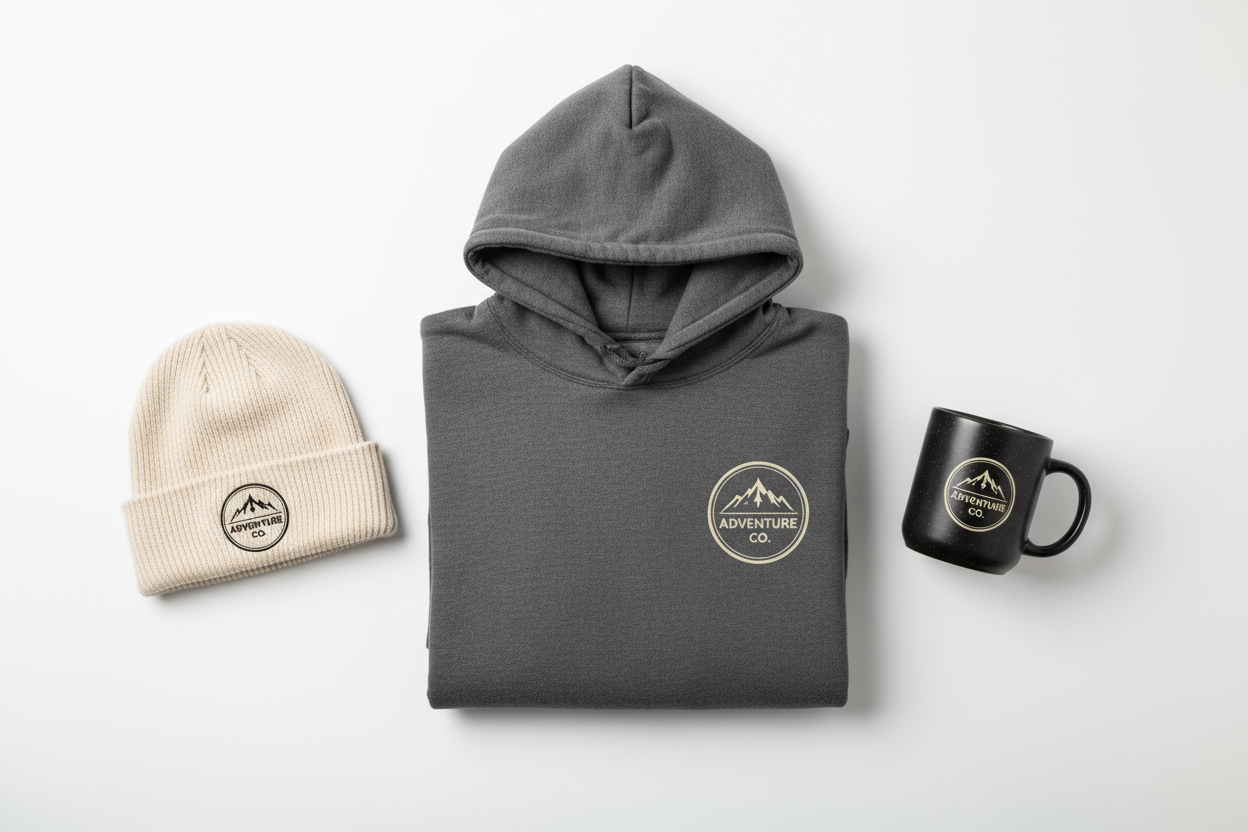 hoodie, hat and mug with logo